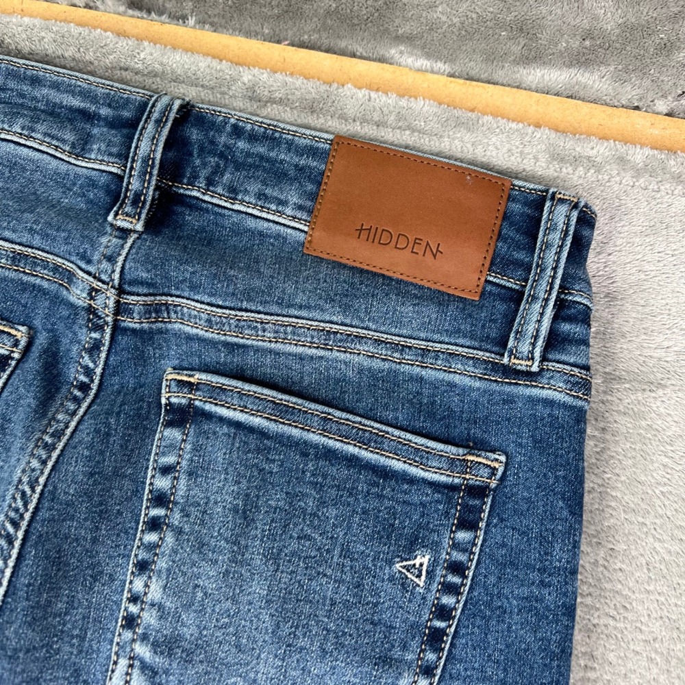 Hidden Jeans Flare Jeans Womens 25 Blue Solid Stretch Raw Hem Patch Pockets - Picture 14 of 14